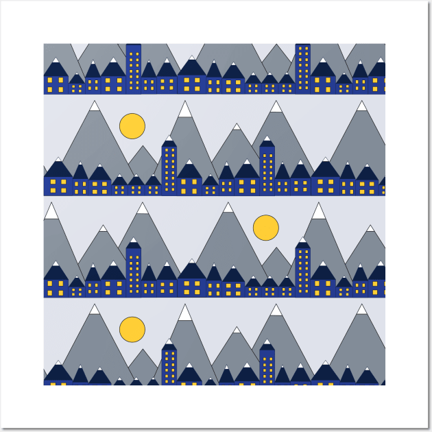 Blue houses in front of snowy mountains and the moon. Geometric shapes winter night. Blue yellow white and gray winter print. Winter village. Wall Art by Sandra Hutter Designs